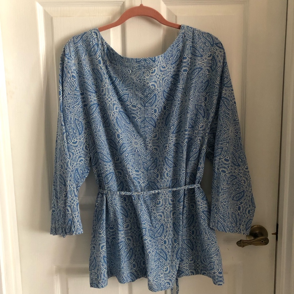 Lane Bryant tunic notch neck flap blue white paisley tile pattern tie waist - Picture 8 of 14